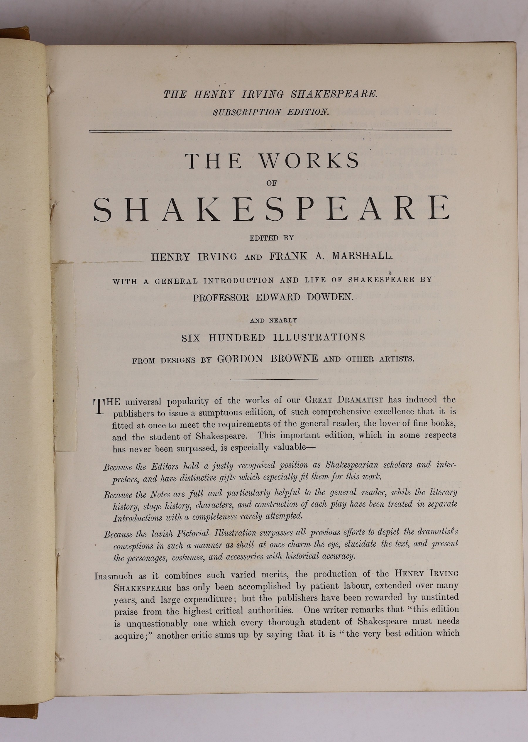 Shakespeare, William - The Henry Irving Shakespeare, illustrated by Gordon Browne, 8 vols, 8vo, original cloth gilt, Blackie & Son, Limited, London, 1893